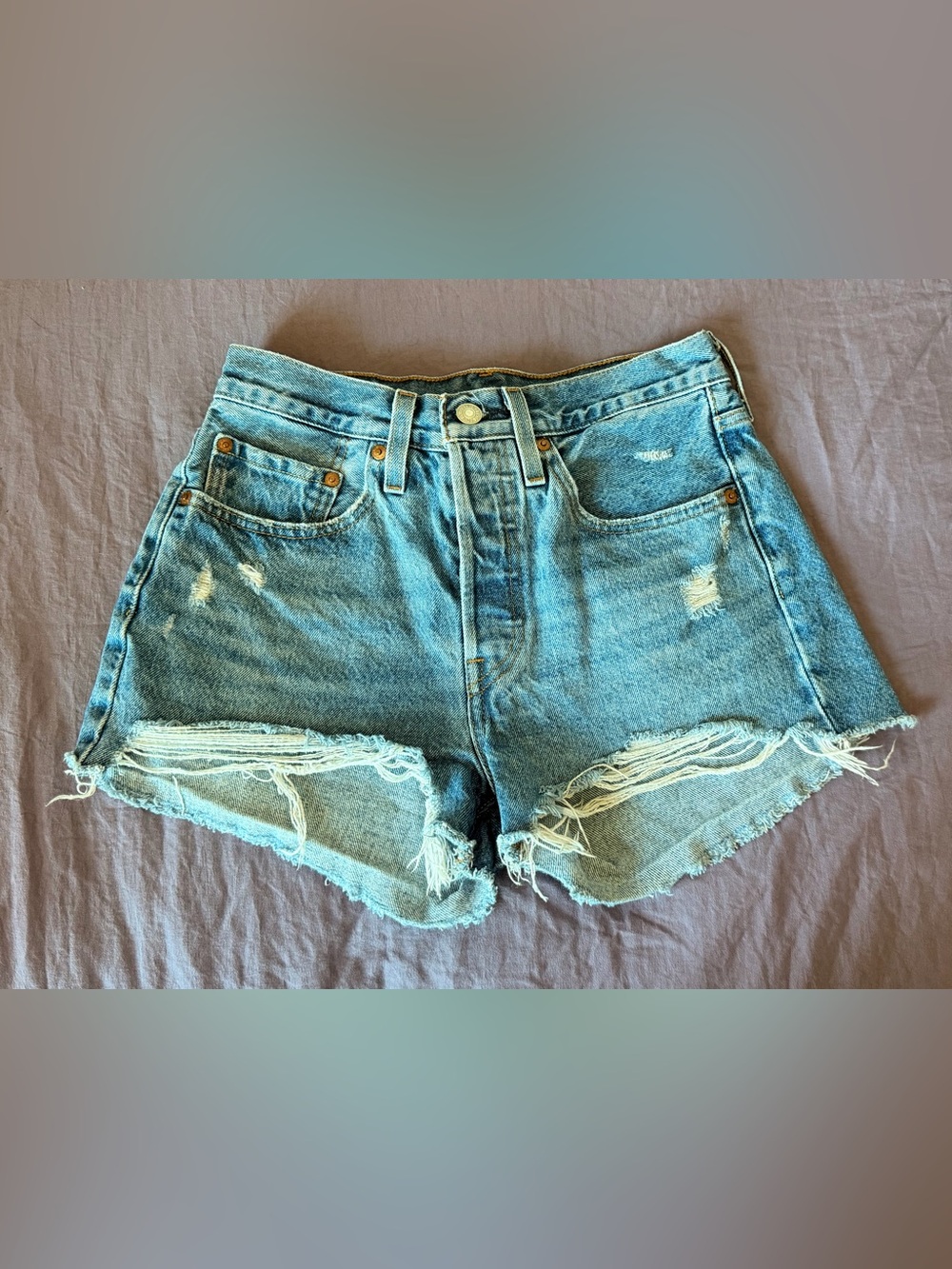 Levi's 501 Light Blue Distressed Cutoff Denim Shorts